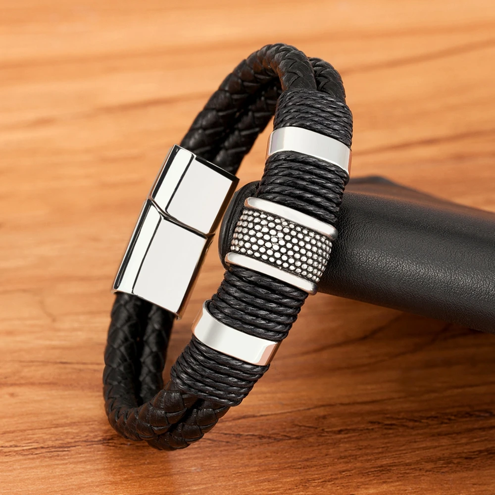 XQNI-pulsera de cuero tejida de doble capa para hombre, brazalete clásico de acero inoxidable, diseño personalizado, estilo especial