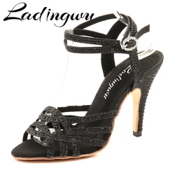 Ladingwu-sapatos de festa para tango, com strass de glitter, preto, sapatos de dança de salão, salsa, sola de couro personalizável