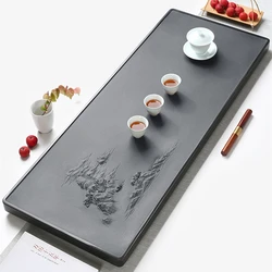 Handmade Master 80cm Black Stone Tea Tray with Invisible Water Draining Outlet Weighted Carved Serving Tray for Tea Table