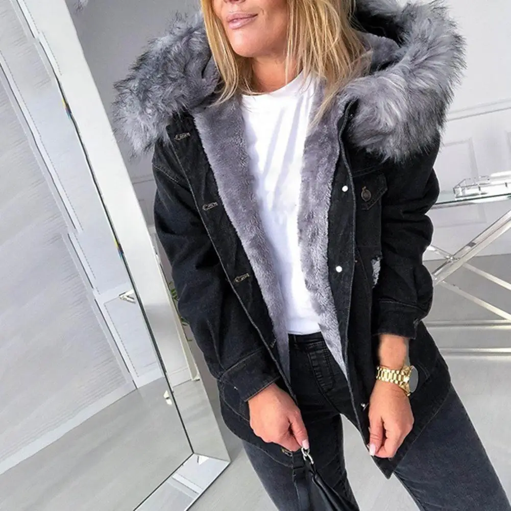 Women Faux Fur Winter Coat 2020 Black Denim Jacket Hooded Casual Female Oversized Jean Jackets Fashion Warm Thick Autumn Outwear