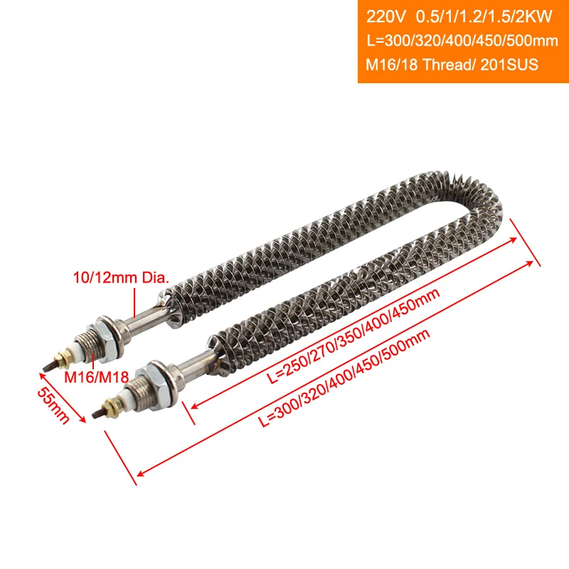 Finned Tubular Heating Element U Type 220/380V 10/12mm Tube Diameter Heater Element M16/M18 Thread U Type Heating Tube for Oven