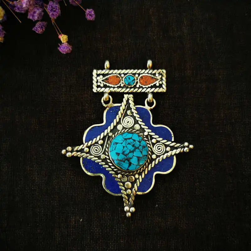 TBP404 Nepal Indian Pendant Copper Inlaid Colorful Stone Vintage Jewelry Big Pendants for Girl