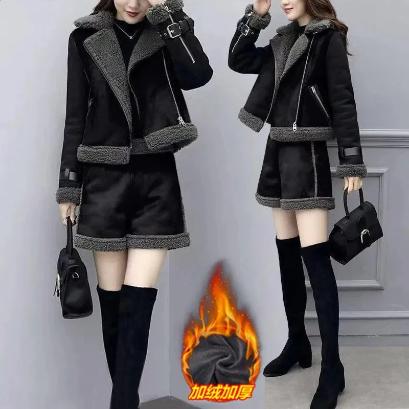 Thick Winter Suit Women 2024 New Splicing Lamb Wool Jacket  Wide-Leg Shorts Two-Piece Short Pant Jacket Female Fashion Sets Blac