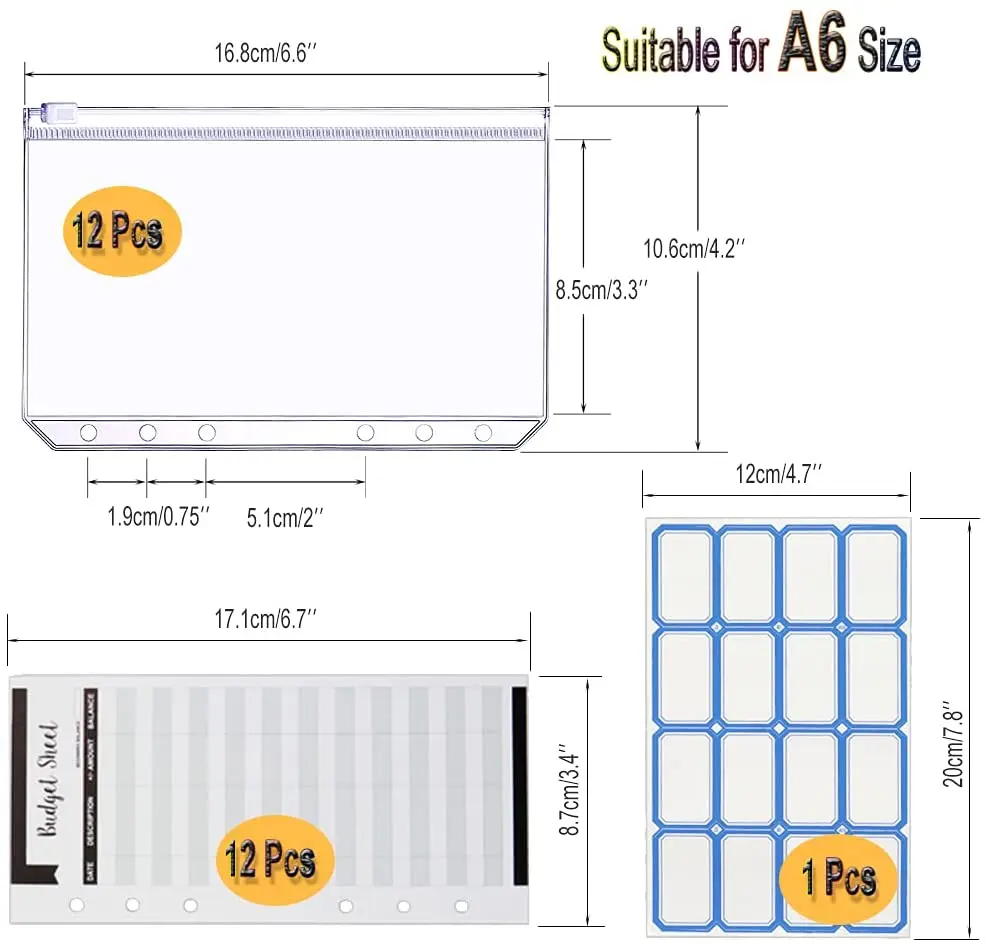 A6 PVC Waterproof Binder Cover, Budget Cash Envelopes System with 12 Zipper Pockets,12 Colorful Budget Sheets ,16 Labels Sticker