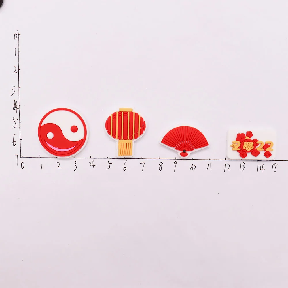 1PCS PVC Cartoon Shoe Charms Chinese Lantern Paper Folding Fan Red Envelope Tiger Happy New Year Shoes Decoration Buckle Gift