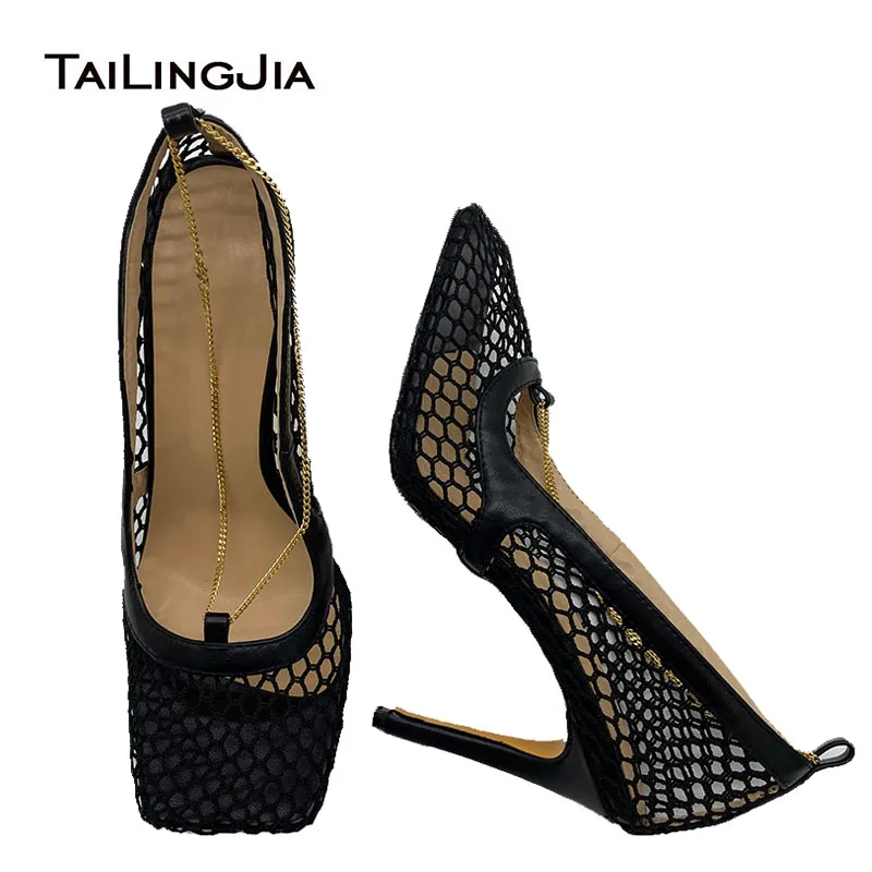 Stylish Black Fishnet Square Toe High Heel Pumps For Women 2024 Comfort Heeled Nude Mesh Heels Ladies Stiletto Heel Summer Shoes