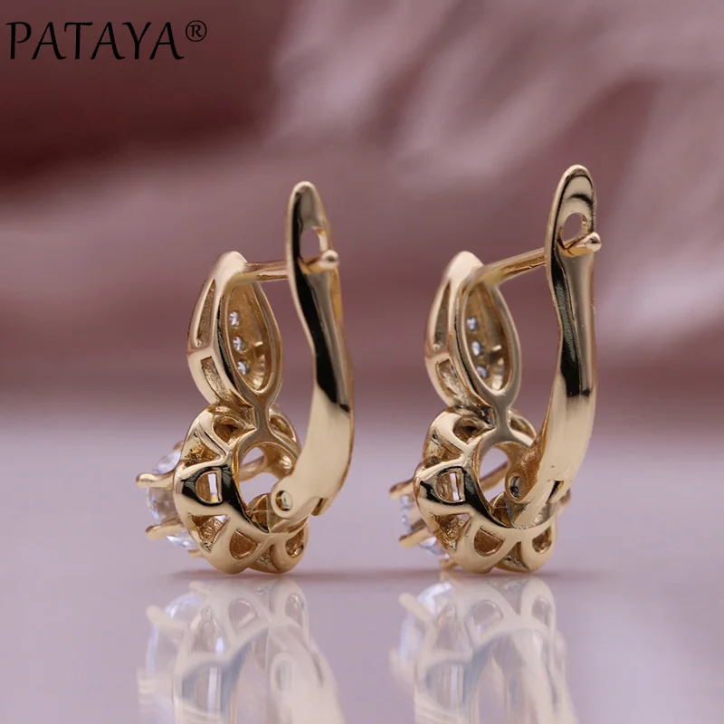 PATAYA New Girl Cute Small Drop Earrings 585 Rose Gold Color Fashion Jewelry Fine Flower Women Natural Zircon Hollow Earrings