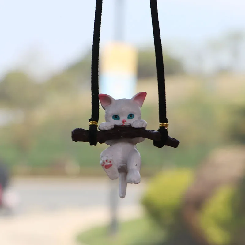 Cute Anime Car Accessorie Little Cat Pendant Auto Rearview Mirror Ornament Swing Kitten Animal Figure Gift Interior Decoraction