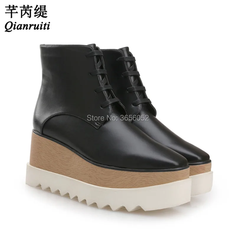 Qianruiti Fashion Square Toe Lace Up Ankle Boots Autumn High Top Stella Platform Shoes Women Stars Leather Black Wedge Boots