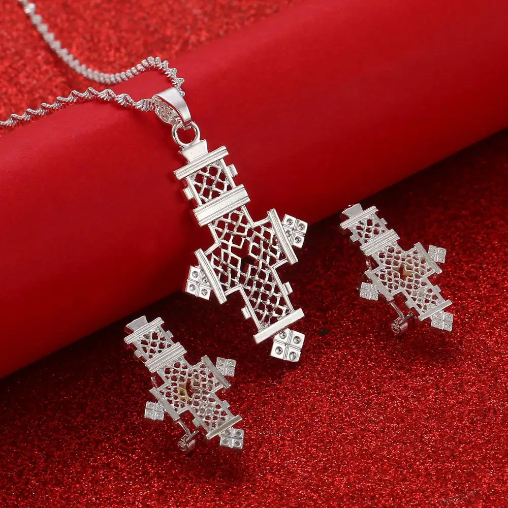 Ethiopian Cross Pendant Necklaces Earrings for Women Girl Eritrea African Crosses Charm Jewelry