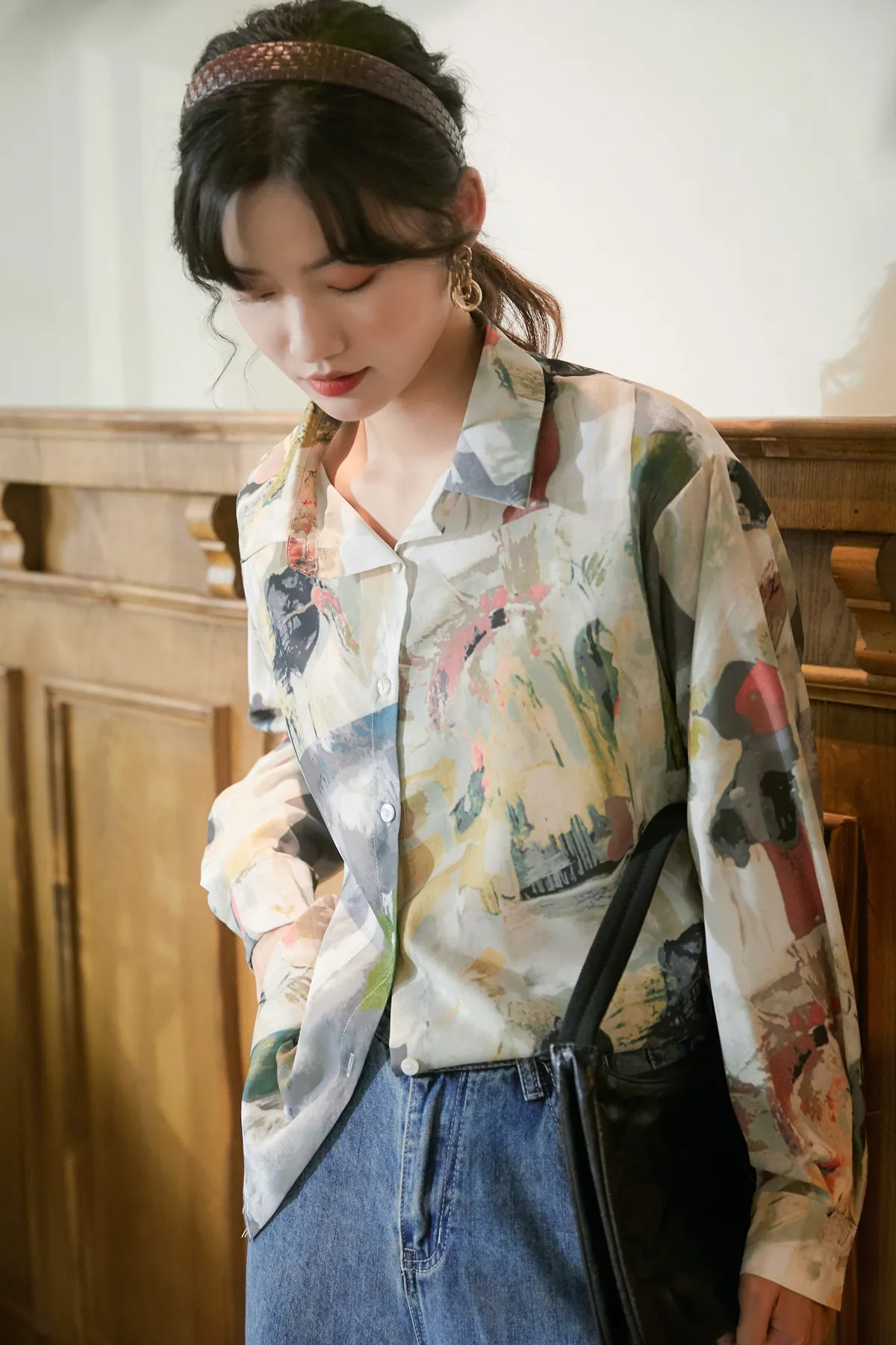 CHEERART Vintage Painting Women Top And Blousue Long Sleeve Button Up Aesthetic Shirt Loose Print Designer Top Autumn Clothes