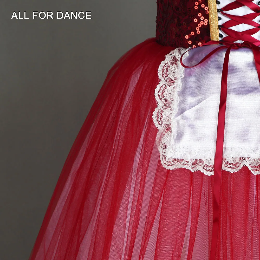 19846 All For Dance Dark Red Sequin Bodice Top With Red&White Tulle Ballet Dance Dress For Girls&Women Stage Performance