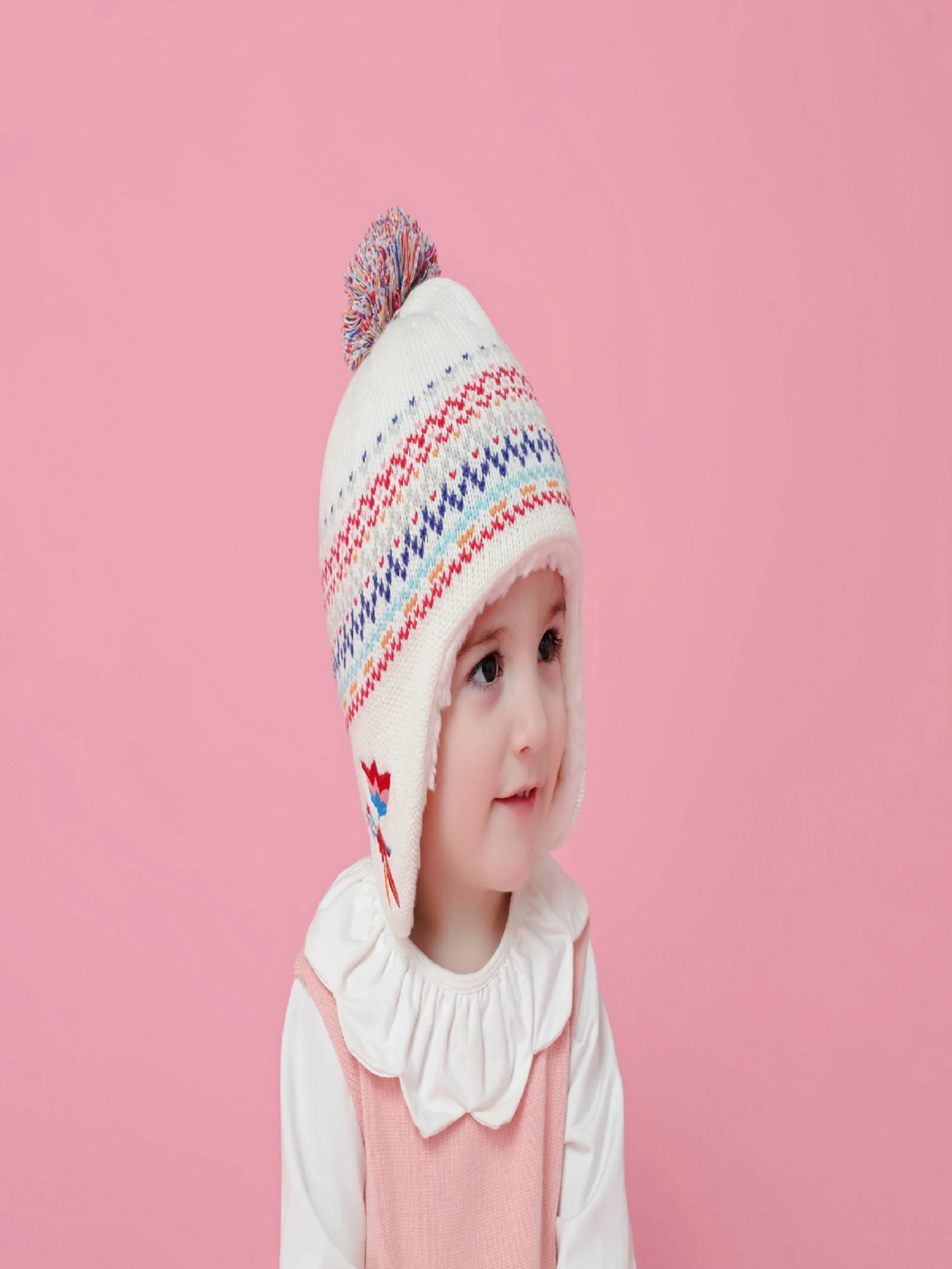 Connectyle Toddler Infant Kids Thick Warm Cotton Cute Jacquard White Winter Hat Sherpa Lined Knit Hat Earflap Skull Cap With Pom