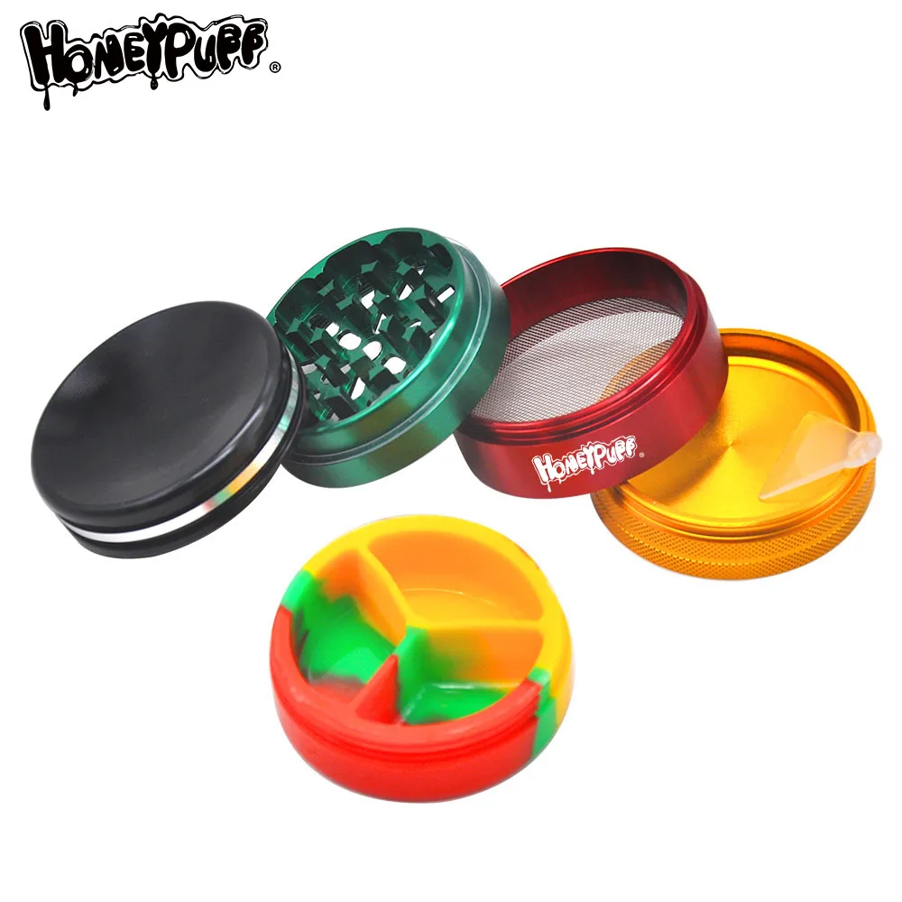 HONEYPUFF Aluminum Crusher with Silicone Storage Stash Jars 63MM 5 Layers Metal Crusher