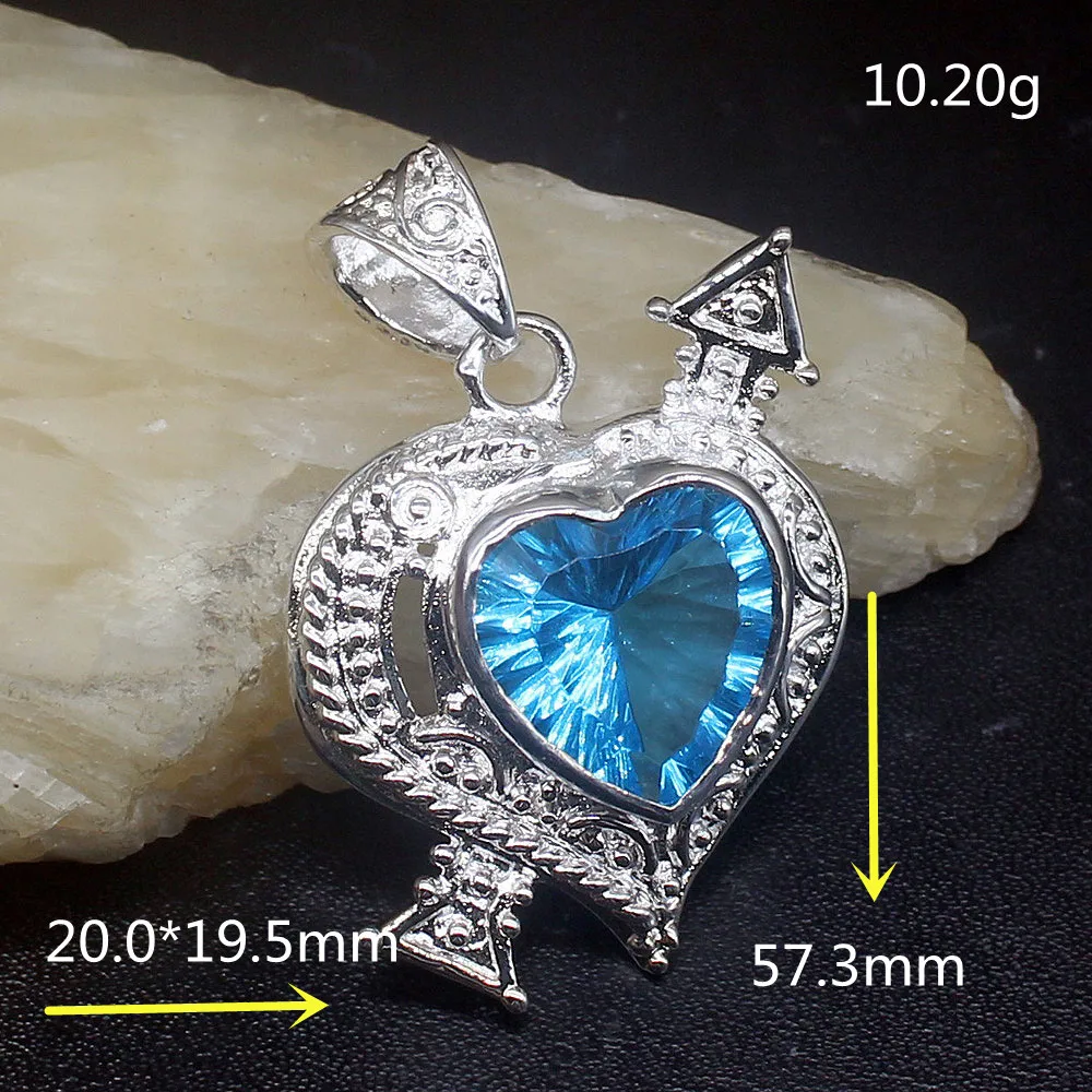 Gemstonefactory Jewelry Big Promotion 925 Silver Heart Shape Blue Topaz Women Ladies Mom Gifts Necklace Pendant 20213577