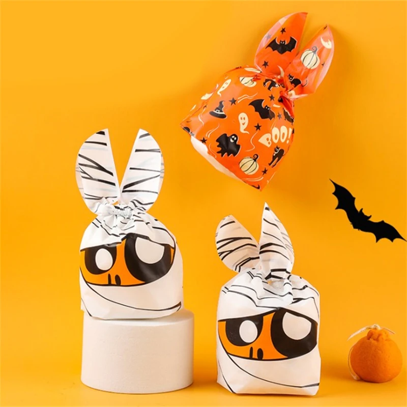 Bolsas de plástico con orejas de conejo de feliz Halloween, paquetes de regalo para dulces, galletas, aperitivos, embalaje para hornear, suministros para fiestas de Halloween, 10/50 piezas