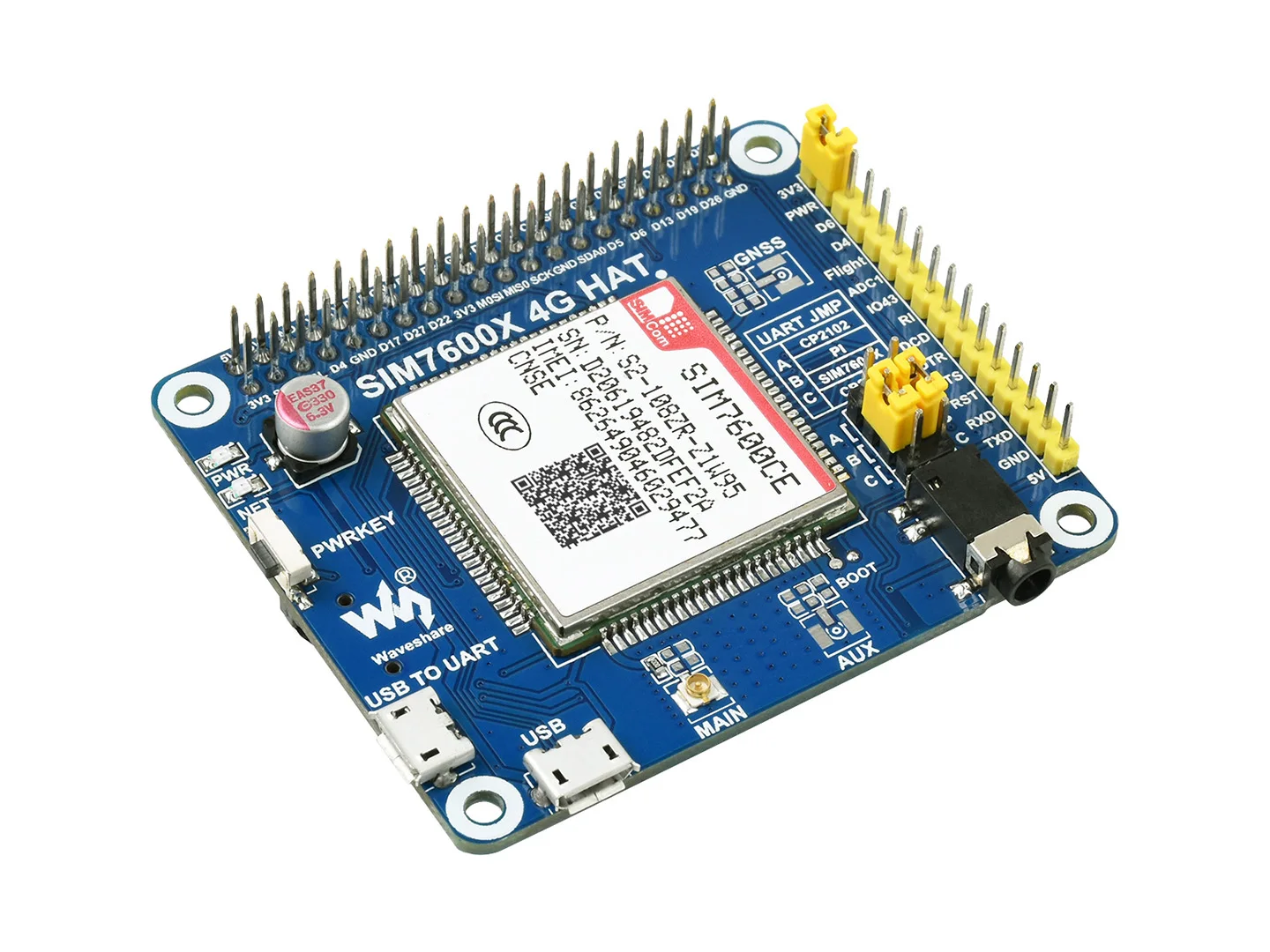 SIM7600CE-CNSE 4G HAT For Raspberry Pi, Supports 4G / 3G / 2G Communication, Also LBS Positioning