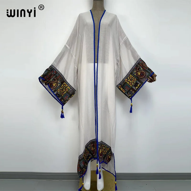 

WINYI boho clothing Sexy See Through Embroidered Long Kimono stitch Beachwear Women Tops and Blouses Middle East Muslim Abaya