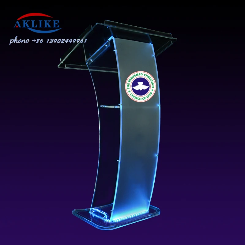 2024 AKLIKE Perfect Curve Design Acrylic Leadership Rostrum Latest Fashion Cheap Lectern Customized Logo Light Platform