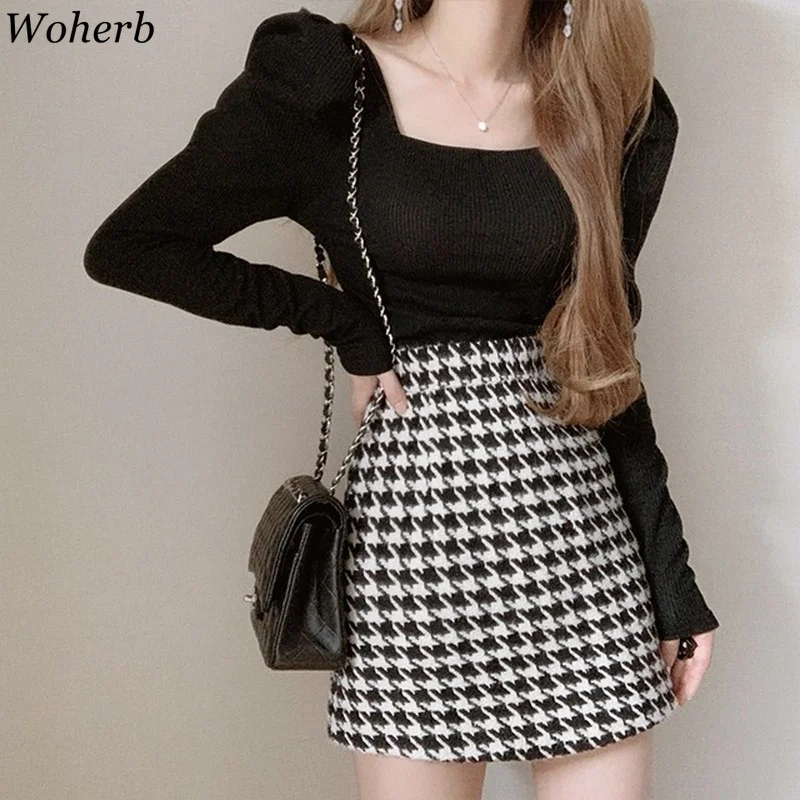 Woherb Chic Square Collar Puff Sleeve Vintage Thin Pullover Slim Fit Pleated Solid Sweater Autumn Spring 2024 New Knit Top