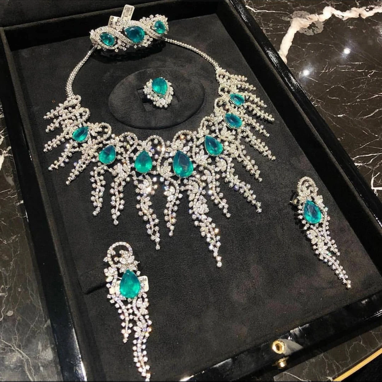 Famous Brand Blue CZ Luxury dubai Jewelry Sets For Women Wedding Party Zircon Crystal Indian Bridal Jewelry Set Gift