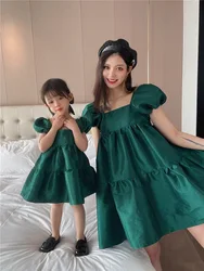 Green Bubble Parent-child Dress Family Matching Outfits Clothes Baby Girls Mom Princess Dress Fashion Summer Women Kids Costume