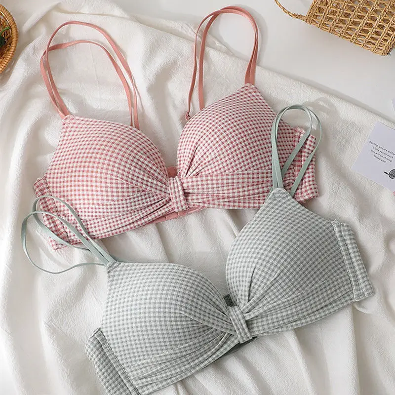 Wire Free Bra Women Push Up Sexy Underwear Girls Cute Bow Plaid Cross Fold Backless Bras Onepiece Brassiere