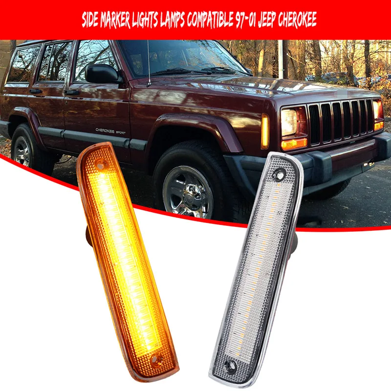 Gtinthebox Amber / White LED Car Front Bumper Fender Flare Lights For 1997-2001 Jeep Cherokee Side Marker Turn Signal Lights 12V