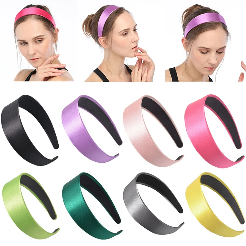 Fashion  Simple Satin Silk  Headbands for Women Girls wide Hair Bands solid Color pink Yellow Bezel Hair Hoop Hair Accesseories