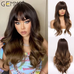 GEMMA Long Water Wavy Synthetic Wigs with Bangs Ombre Dark Brown Cosplay Hair Wig for Women African Heat Resistant Fiber Wig