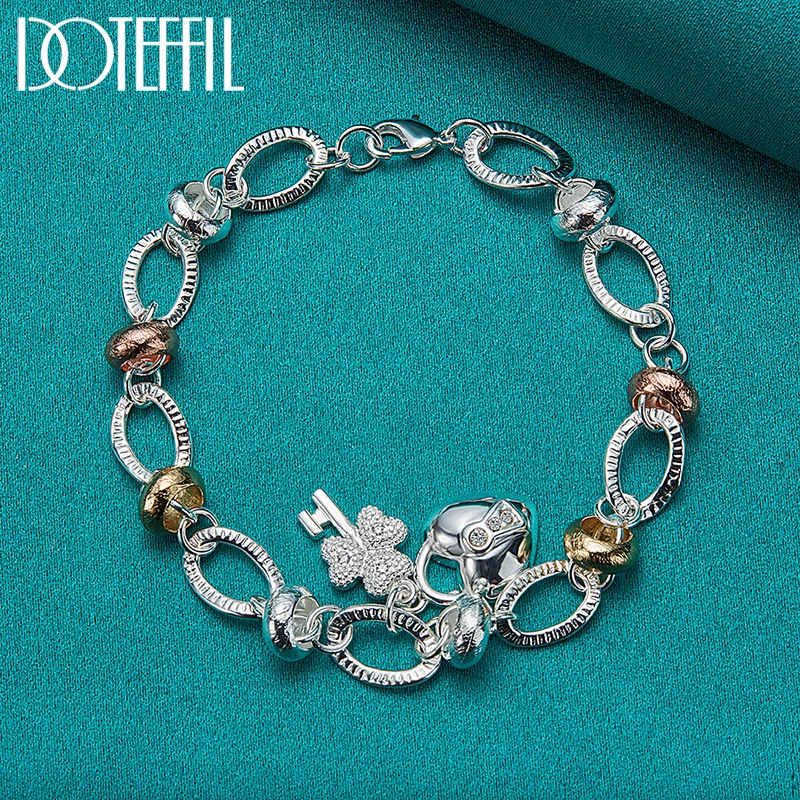 DOTEFFIL 925 Sterling Silver Heart Lock Clover Flower AAA Zircon Bracelet Chain For Women Wedding Engagement Charm Jewelry