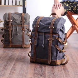 Waterproof Waxed Canvas Backpack Vintage leather men Bagpack large Rucksack School Bag Hiking Backpacks Daypack Mochila