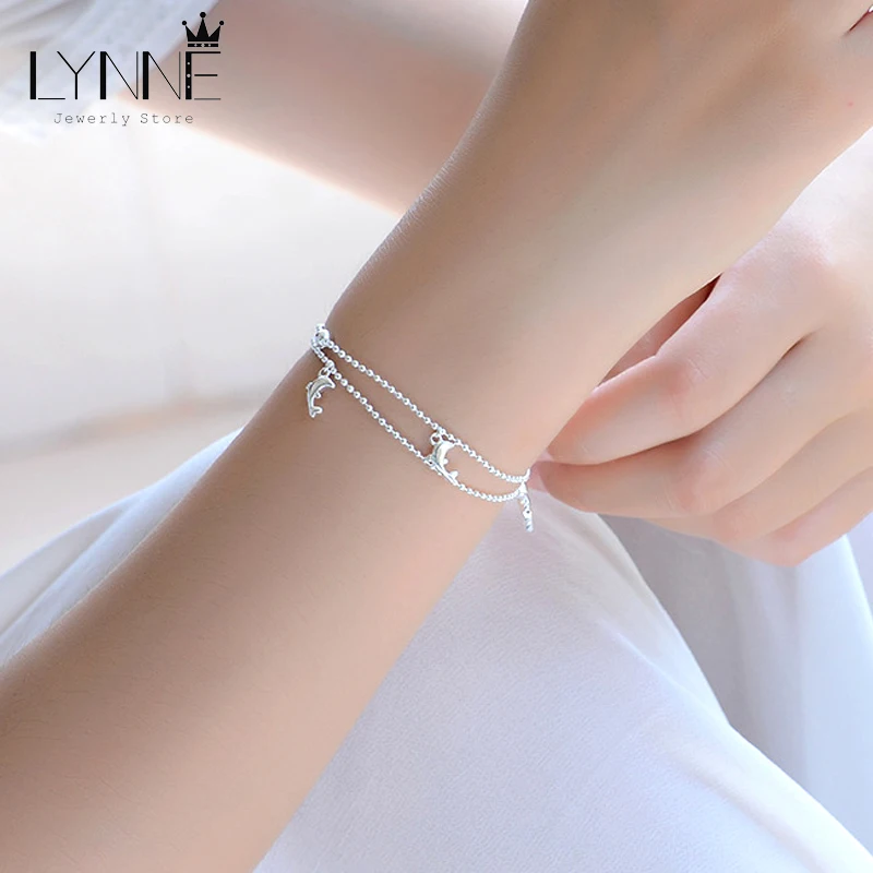 New Fashion Dolphin Pendant Double Layer Small Ball Bead Chain Bracelet 925 Sterling Silver Dolphin Bracelets Women Jewelry Gift