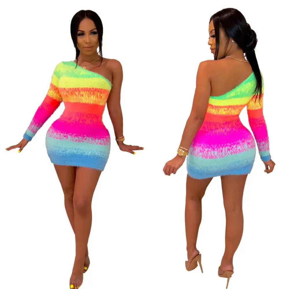 BKLD Frauen Party Kleid Eine Schulter Bodycon Mini Kleid Gradienten Regenbogen Kleid 2025, Herbst Langarm Weibliche Kleider Clubwear