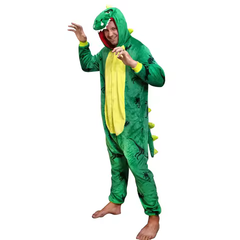 Dinosaur Kigurumis Unisex Pajama Overalls Home Wear Green Pink Animal Onesie Winter Warm Flannel Funny Jumpsuit Adult