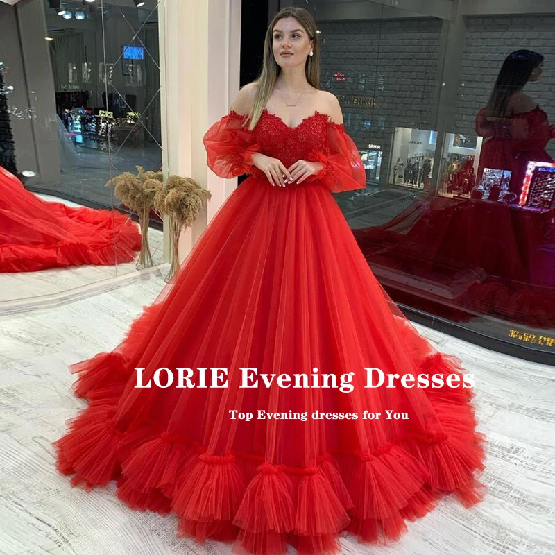 LORIE Vintage Beach Prom Dresses 2022 Red Sweetheart Appliques Puff Sleeves A-Line Arabic Evening Gown Tulle Long Party Dress