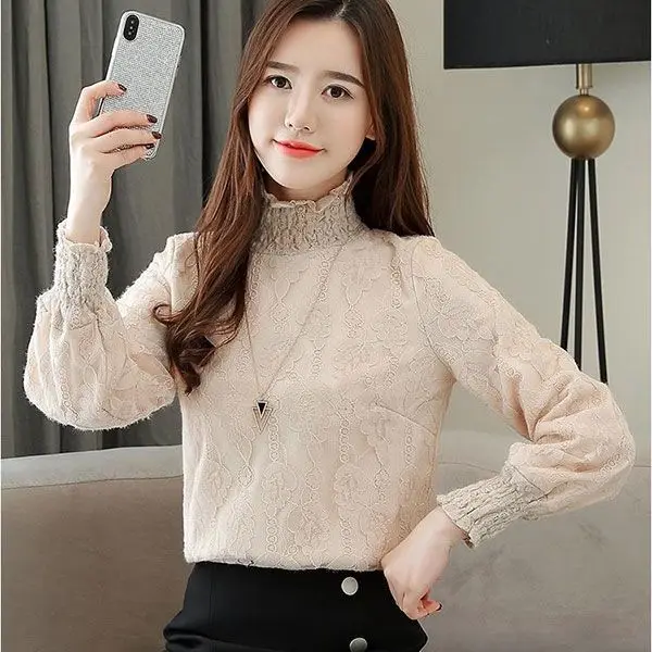 Autumn Winter Plus Velvet Thicken Women Lace Bottoming Shirt Female High Collar Long Sleeve Loose Tops Warm Folds Bluoses