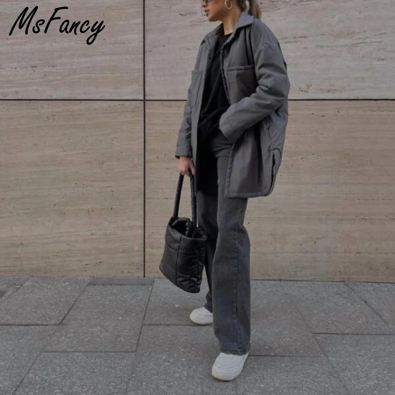 Msfancy-Chaqueta acolchada de estilo coreano para Mujer, abrigo holgado de botonadura única, chaqueta Bomber con bolsillos, prendas de vestir, 2022