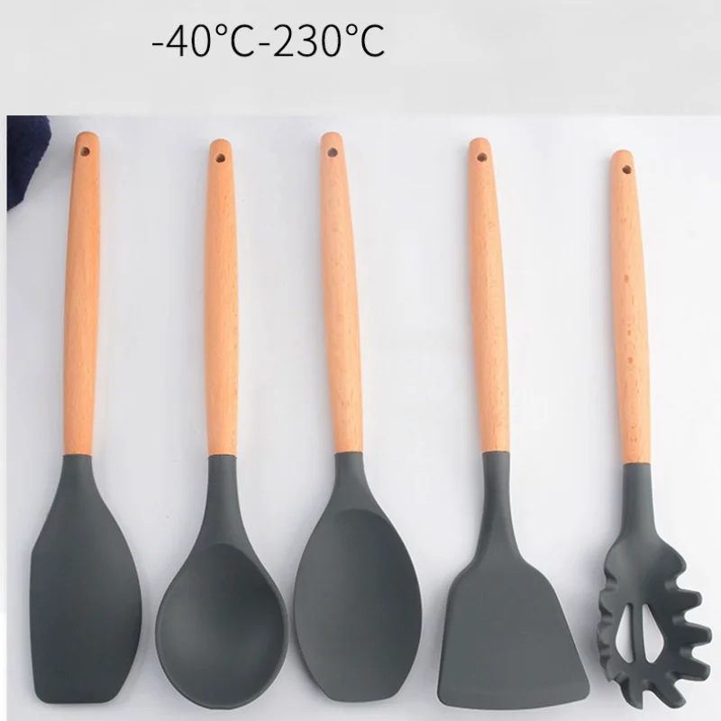 Wooden Handle Silicone Kitchenware Cooking Tools Pot Flat Shovel Soup Spoon Leaky Spoon Fried Shovel 11 Pcs Healthy Material