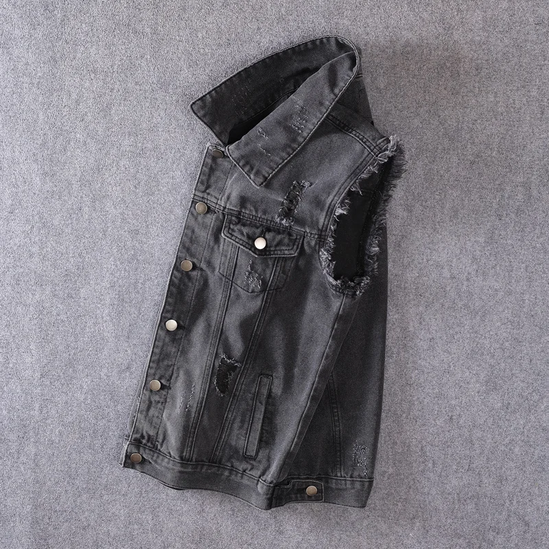 Sleeveless Men Denim Jacket Autumn Thin Slim Hole Ripped Waistcoat Single Breasted Punk Biker Tassel Embroidery Vest Oversize