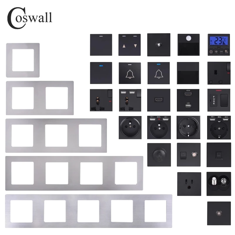 COSWALL S08 Silver Stainless Steel Panel Black Wall Switch EU French Socket HDMI-compatible USB Charger TV Internet Module DIY