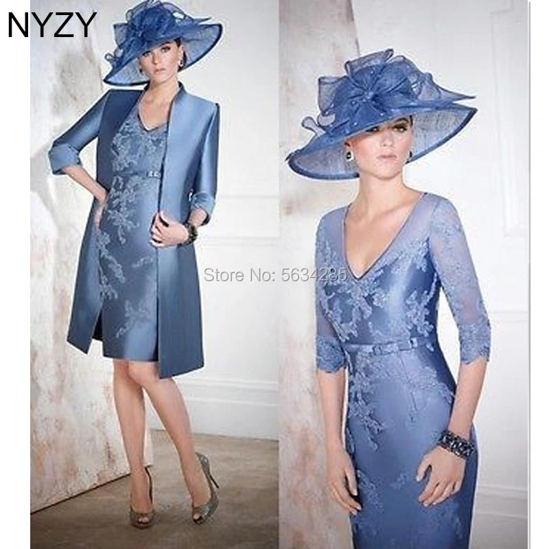 NYZY M9-Robes 2 pièces pour mère de la mariée et marié, gris bleu, avec veste, tenue d'invité de mariage, robe formelle de cocktail