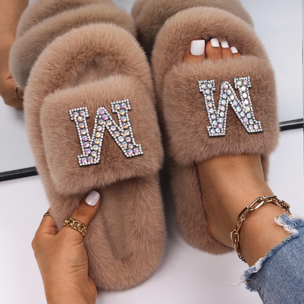 Letter Faux Fur Slippers Women Luxury Rhinestone Sandals Slides Flip Flops Designer Customized Personalized Gift Custom Name