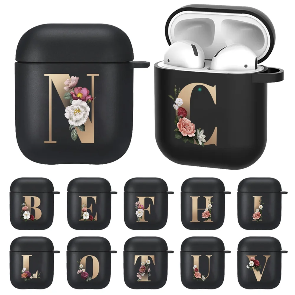 

Cute Floral Gold Initial Letter Soft Silicone Case for AirPods 2 1 Black Silicone Wireless Bluetooth Earphone Box Matte Cover