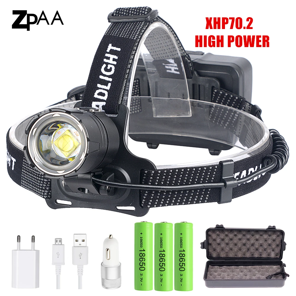 XHP70.2 XHP70 USB Headlight 90000LM Led Headlamp LED Rechargeable Head Torch Flashlight Lantern 3*18650 battery Powerbank