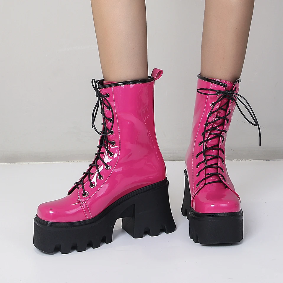 

2021 New Bright Patent Leather Street Fashion Style Boots With Cross Straps Super Thick And High Rose Red Mid-Calf Boots