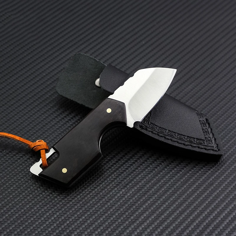 

Dropship Ebony wooden Handle Integrated Hanging Knives Outdoor D2 Steel Mini Fixed Blade Knife 60 HRC Black Leather Rope