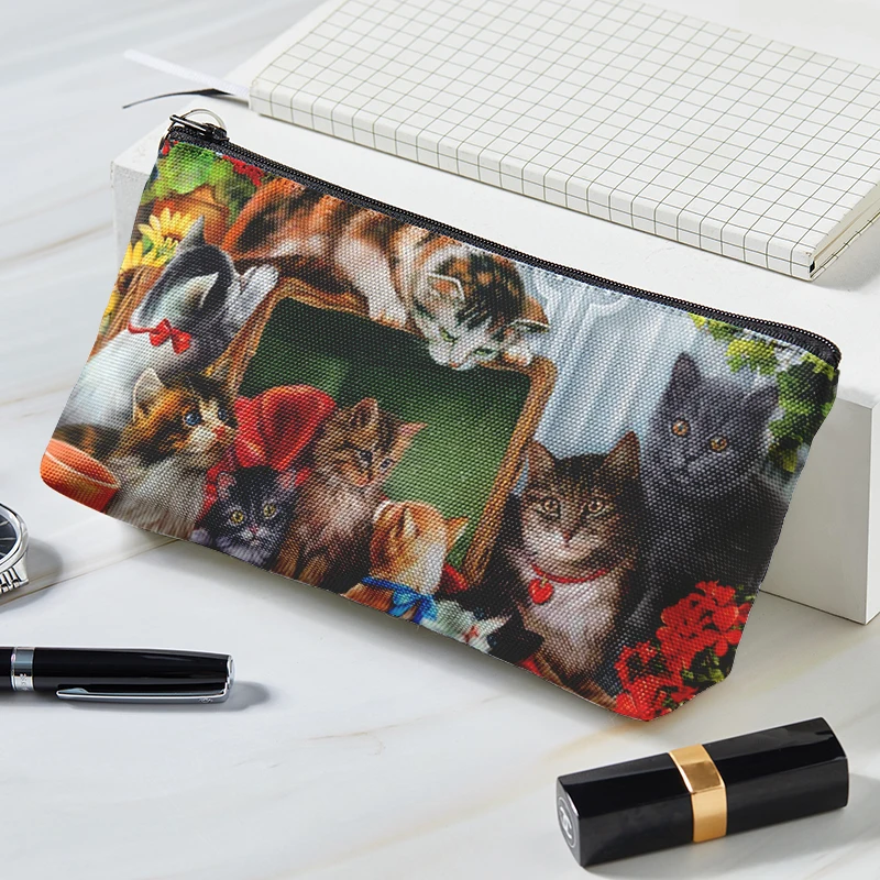 Kawaii Ladies Makeup Bag Creative Fashion 3D Cat Print Canvas Cosmetic Bag Portable Zipper Girls Women Cosmetic Bag Storage Bag