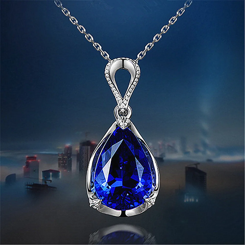 Luxury 5 carats blue crystal sapphire gemstones diamonds pendant necklaces for women artificial Tanzanite jewelry bijoux gifts