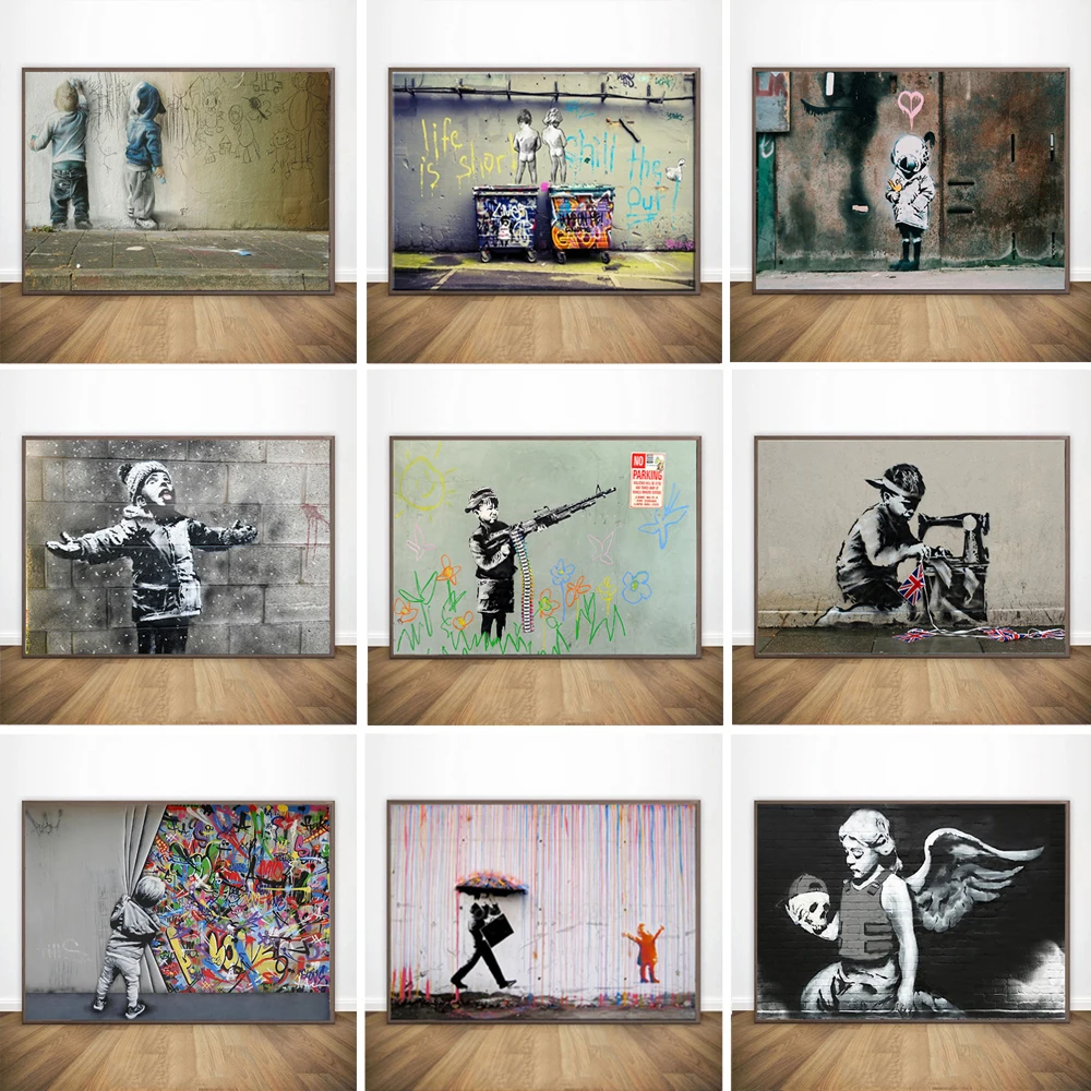 

Graffiti Art Banksy Canvas Painting Children Pee Colorful Rain Abstract Posters Prints Wall Art Pictures for Home Decor Cuadros